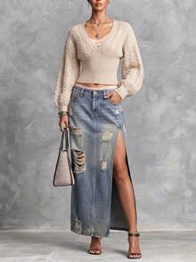 Women's Apricot V Neck Cable Knit Sweater, Textured Cropped Long Sleeve Casual Pullover, Versatile Fall Winter Daily Knit Top - Beige - View 6