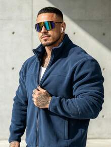 Men's Polar Fleece Casual Solid Color Long Sleeve Jacket, Versatile For Autumn/Winter - Navy Blue - View 7