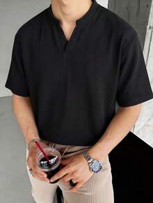 Blueprint Man 1pc Men's Black Herringbone Henley Collar Short Sleeve T-Shirt, Stand Collar V-Neck Placket, Breathable Skin-Friendly Wrinkle-Resistant Draping Textured Knit Fabric, Mature Old Money Style Casual Top, Spring Summer Commute, Light Business, Date Outfit - Black - View 2