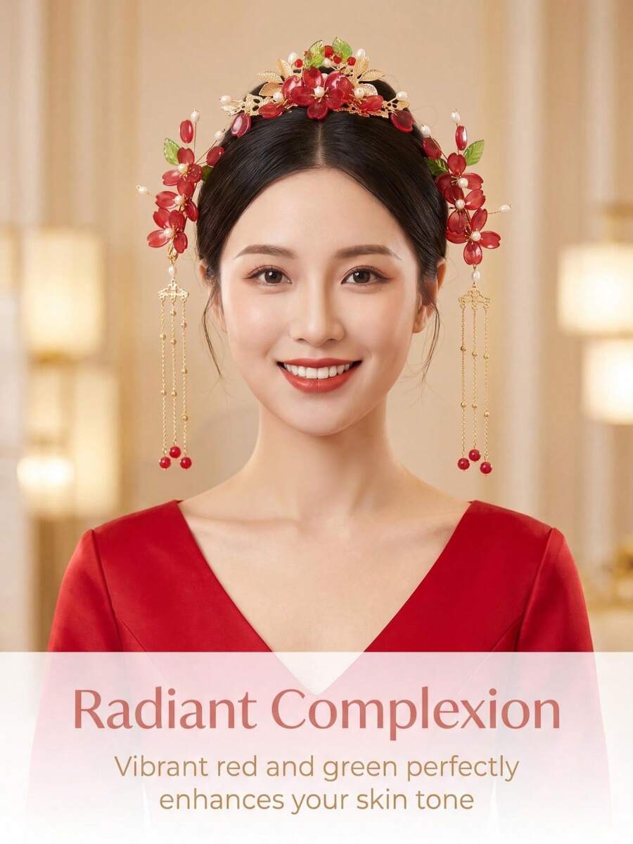 3PCS Floral Print Bohemian Zinc Alloy Vintage Trim Hair Clips Hanfu Bridal Headpiece Set With Pearl Tassels, Simple Versatile Festive Flower - Multicolor - View 1
