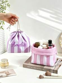 Customized Embroidered Name Striped Makeup Bag, Drawstring Cosmetic Storage Bag, Portable Travel Toiletry Bag, Personalized Gift For Women Bridesmaids - Multicolor - View 5