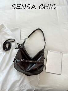 Glossy Solid Color Leather Textured Pattern Coffee Brown Shoulder Crossbody Large Capacity Soft Bag Cool Street Vintage Cargo Style Style Wrinkled Soft Leather Large Capacity Shoulder Bag Daily Commute Shopping Short Trip - Coffee - View 3