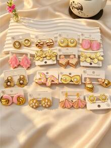 4/8/16/20-Piece Set Of Pink-Gold Enamel Stainless Steel Stud Earrings – Women's Jewelry – Cute Ginkgo Leaf Designs – Elegant Accessories For Women - Multicolor - View 4