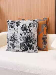 1pc Double-Sided Jacquard Horse & Floral Pattern Cushion Cover, Home Sofa Throw Pillow Case, Without Pillow Insert - Black and White - View 5