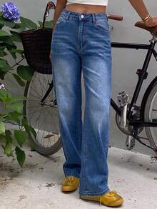 Celana Jeans Denim Wanita Ukuran Besar dengan Kantong Diagonal, Minimalis, Kasual, Longgar, Potongan Lurus, Warna Denim Pudar, Ukuran Plus, Pakaian Musim Gugur - Biru - View 8