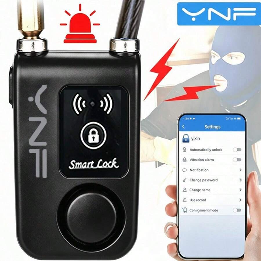 YNF 智能藍牙鋼纜鎖 110dB 警報 防盜 一鍵手機解鎖 電動自行車防盜鎖