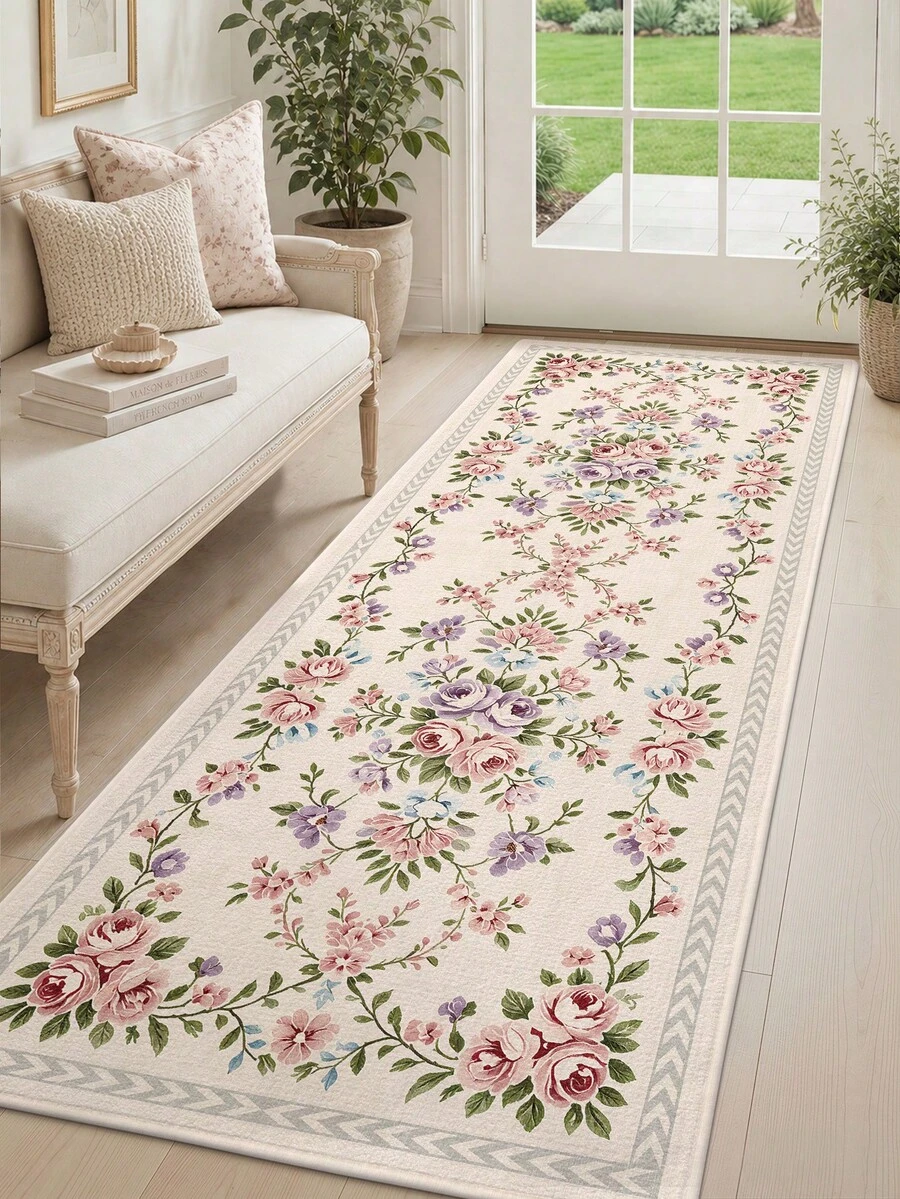 DAJIANG 1pc Floral Shaped Vintage Rug, Kitchen Rug, Bathroom/Kitchen/Outdoor/Indoor Universal, Long Runner Rug, Bedroom Living Room Bedside Mat, Machine Washable Easy To Clean, Entryway Mat, Non-Slip Bottom, Autumn Bathroom Decor Rug