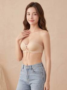 Women's Wavy Edge Tie-Up Bandeau Bra, Push-Up Padded Unlined Comfortable Lingerie [Suitable For Flat Chest] - Apricot - View 2