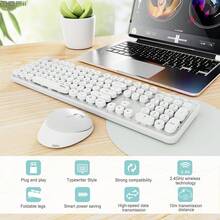MOFII Ergonomic 2.4GHz Plug-And-Play Wireless Keyboard And Mouse Combo, Compatible With PC/Laptop/Desktop, 104-Key Full-Size Retro Round Keycap Typewriter Keyboard With Wireless Optical Mouse - White - White - View 5