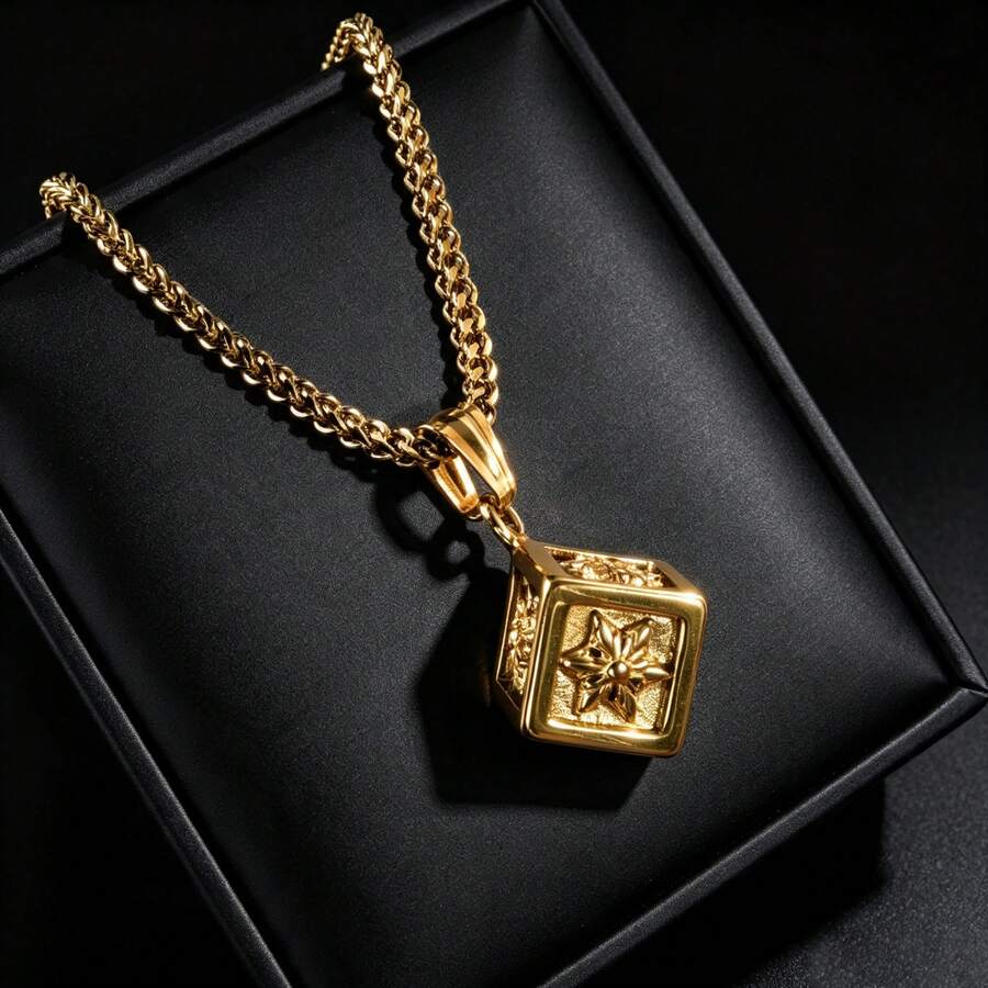 Classic Stainless Steel 18K Gold-Plated Three-Dimensional Block Pendant Cuban Chain Necklace, Suitable Both Men Women, Suitable For Daily Party Wear - Gold - View 1
