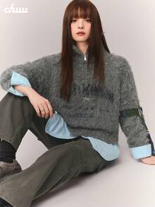 Áo len dệt kim mohair tay dài CHUU, thiết kế độc đáo, áo dệt kim streetwear hẹn hò - Màu xám đen - Xem 5