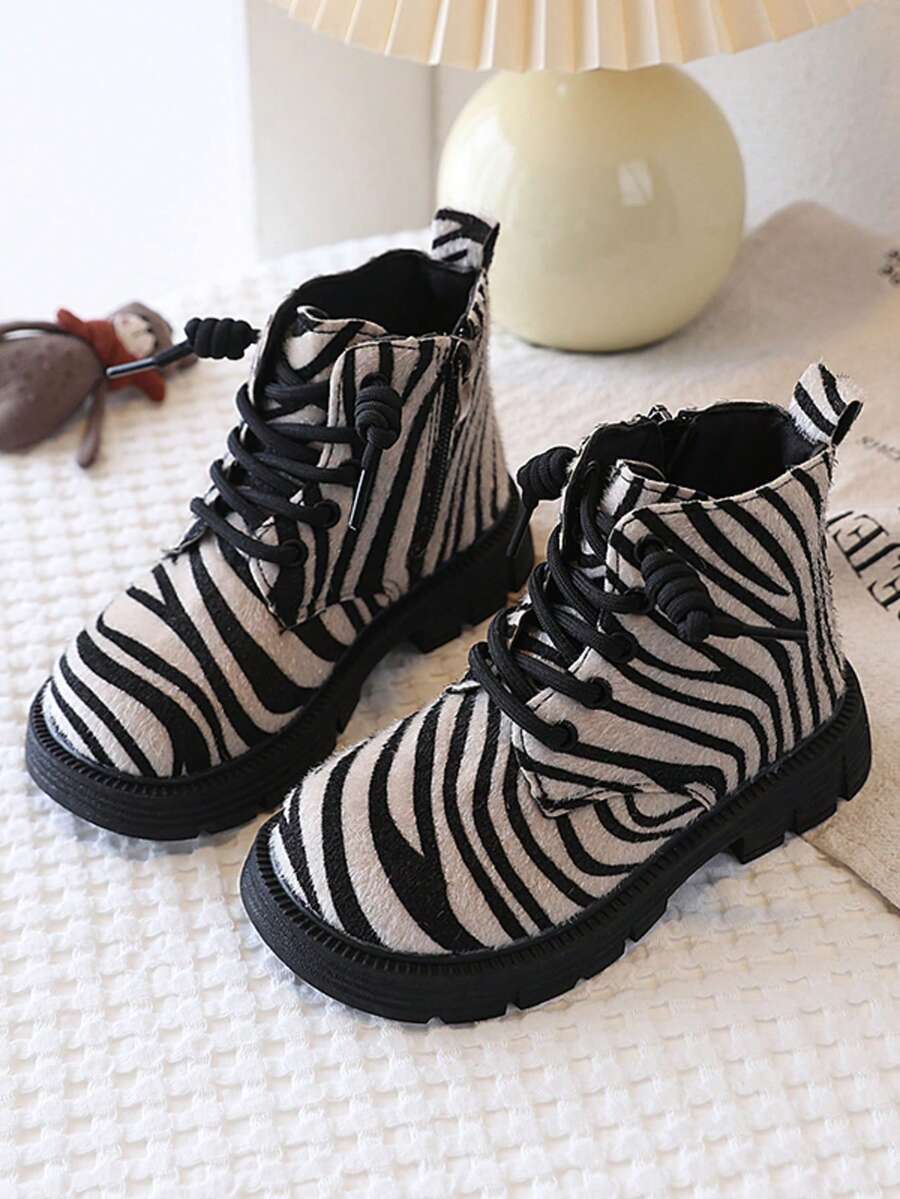 1 Pair 2026 Zebra Print Girls' Boots, Children's Kids' Casual Versatile Everyday Boots, Soft Sole, Fashionable And Comfortable - Beige - View 1