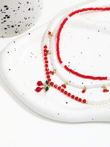 3PCS Vintage Cherry Seed Bead Choker Necklace Set, Red Bead Seed Bead Necklace, Sweet Cool Niche Style, Women - Gold - View 3