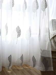 1PC British Elegant Grey & White Leaf Embroidery Sheer Curtain, White Embroidered Nordic Wooden Style Home Window Rod Pocket Translucent Decorative Sheer Curtain - Multicolor - View 9