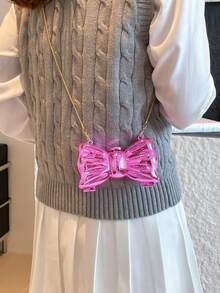 蝴蝶結藝術元素風鏈條女款小方包 2025春夏新款簡約單肩斜挎包 - 玫紅色 - 查看 8