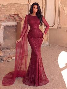 Faeriesty Women's Elegant Long Sleeve Beaded Evening Gown - Sheer Draped Cuffs, Sequin Embellished Mermaid Silhouette, Fitted Flared Hem, Suitable For Luxury Weddings, Red Carpet Events And Formal Dinners Party - 酒紅色 - 查看 5