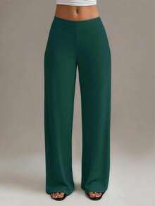 Plus Size Women High Waist Straight Leg Pants, New Spring/Summer Design - Dark Green - View 2