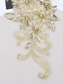 2件金色3D刺繡貼花配珠飾，婚紗配件，網紗蕾絲DIY表演服裝刺繡補丁/長度：39CM/寬度：16CM - 金色 - 查看 3