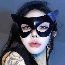 1pc/Luxury Glossy Black Cat Ear Half Face Mask, Women's Concave Eye Mask, Mysterious Elegant Royal Style, Suitable For Party - Multicolor - View 3