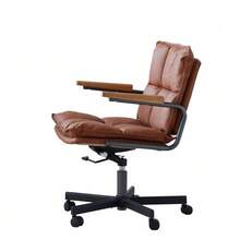 Home Office Desk Chair, Leather Ergonomic Computer Chair With Wheels And Oak Armrests - Brown - View 6