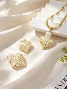 304 Stainless Steel Striped Oil Drop Double Heart Pendant Snake Chain Necklace, Hypoallergenic Non-Fading Vintage Women's Daily Beach Accessory, Valentine's Day Gift. - Multicolor - View 10