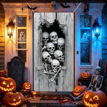 1 pieza Pancarta de puerta de Halloween oscura, calabaza multicolor, esqueleto, bruja, calavera, pared agrietada de terror, tela para cubrir la puerta, decoración espeluznante para el porche delantero y la puerta principal del hogar, decoración para fiesta de Halloween, casa embrujada, entrada del jardín, fondo de cabina de fotos, Navidad, Halloween - Fondo de Halloween - Ver 7