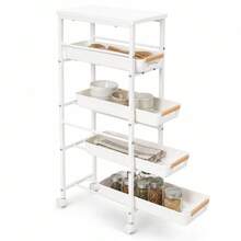 Danolapsi 5-Tier Slim Rolling Storage Cart, Wooden Top Narrow Kitchen Carts On Wheels With Pull-Out Baskets, Mobile Shelving Unit Organizer For Kitchen, Bathroom, Laundry Room, Small Spaces - White- 8.1" W - View 1