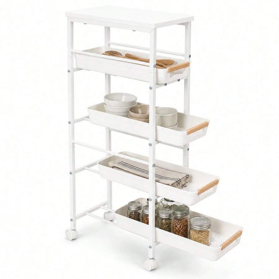 Danolapsi 5-Tier Slim Rolling Storage Cart, Wooden Top Narrow Kitchen Carts On Wheels With Pull-Out Baskets, Mobile Shelving Unit Organizer For Kitchen, Bathroom, Laundry Room, Small Spaces - White- 8.1" W - View 1