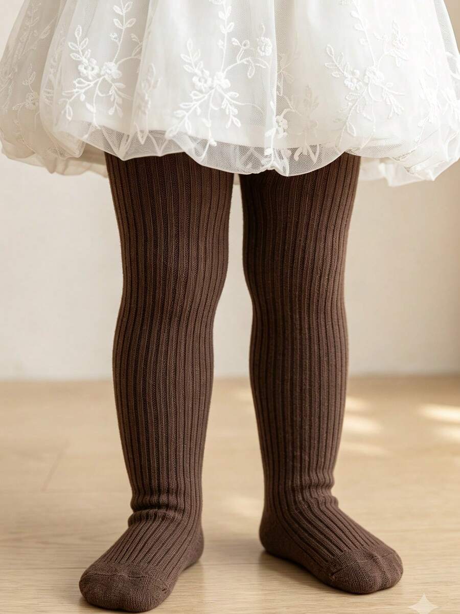 1 Pair Fine Vertical Striped Children's Tights, Versatile Minimalist Girls' Tights, Spring/Autumn Solid Color Double-Needle Girls' Tights - Coffee Brown - View 1