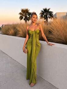 Women's Olive Green Maxi Dress Sleeveless Spaghetti Strap Sweetheart Neck Ruched Bodycon Evening Party Gown - Green - View 6
