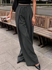 Women's Early Autumn Fashion Dark Gray Commuter Minimalist Blazer With Striped Overlap And Pockets, Suitable For Daily Casual And Formal Occasions, Long Pants - Dark Grey - View 4