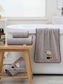 1pc/2pcs Approx. 14*29in/28*55in Pink Leopard Print Towel, Cute Embroidered Rabbit Pattern Coral Fleece Bath Towel + Face Towel, Super Soft High Absorbency Quick Dry Thick Non-Shedding Towel, Suitable For Bathroom, Home, Travel, Back To School - Light Grey - View 6