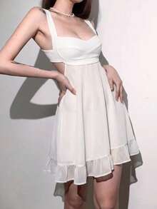 Vestido midi elegante de mujer con parches de malla de unicolor, adecuado para citas y fiestas - Blanco - Ver 5