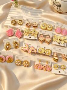 4/8/16/20-Piece Set Of Pink-Gold Enamel Stainless Steel Stud Earrings – Women's Jewelry – Cute Ginkgo Leaf Designs – Elegant Accessories For Women - Multicolor - View 1