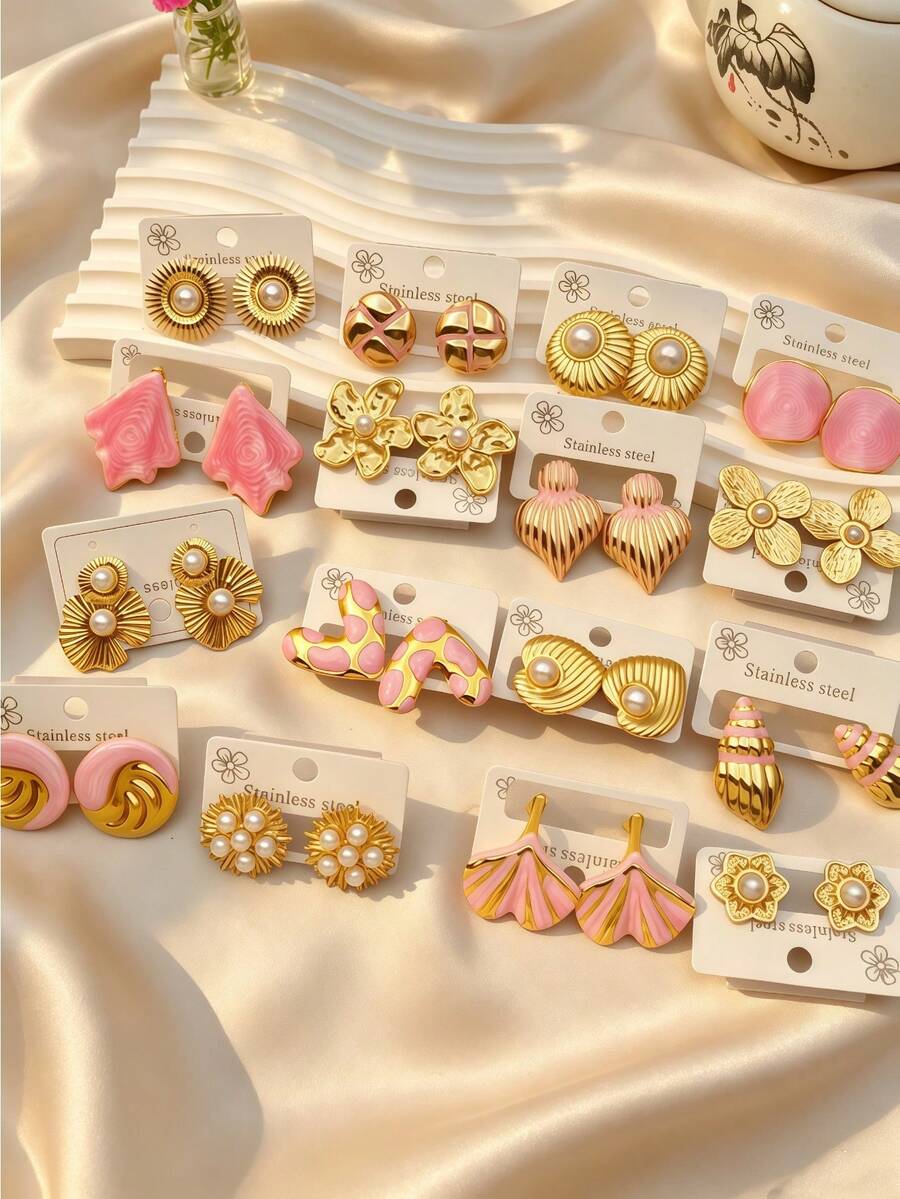 4/8/16/20-Piece Set Of Pink-Gold Enamel Stainless Steel Stud Earrings – Women's Jewelry – Cute Ginkgo Leaf Designs – Elegant Accessories For Women - Multicolor - View 1