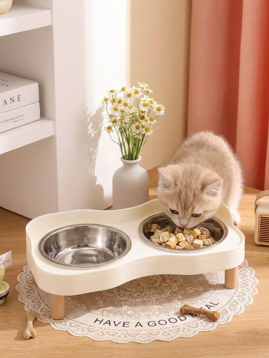 Detachable Stainless Steel Double Pet Bowl Set With Plastic Support Legs Elevated Pet Feeder, Anti-Slip Neck Protection Cat And Dog Food And Water Bowl, Pet Daily Feeding Supplies - 350*2 - View 1