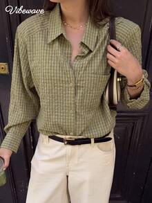 VIBEWAVE French Vintage Olive Green Fine Check Collar Long Sleeve Shirt Women Spring Autumn Commute Travel Loose Versatile - Olive Green - View 2