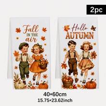 2pcs Kitchen Towels Autumn Harvest Maple Leaf Pumpkin Boy Girl Pattern, Minimalist Style Rectangular Microfiber, Dish Cloth, Scrubbing Cloth, Hand Towel, Cooking Baking Tea Towel, Autumn Thanksgiving Kitchen Decor, Housewarming Gift, Birthday Gift, Bathroom Cleaning Cloth, Decorative Towel - White - View 12