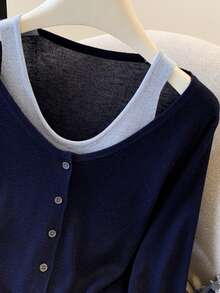 Women's Vintage Knit 2-In-1 Long Sleeve Top, Button Front, Round Neck, Regular Fit, Suitable For Autumn Wear - Navy Blue - View 5