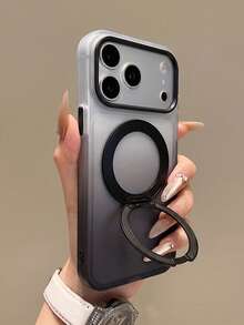 1PC Semi-Transparent Gradient 360° Rotating Magnetic Ring Stand Phone Case Compatible With IPhone 18 Pro Max 17 16 15 14 13 Pro Max Plus Full-Body Shockproof Dual-Layer IMD Matte Anti-Slip 2-In-1 Protective Cover - Black - View 2