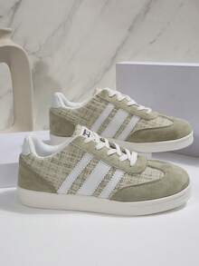Women Retro Plaid Patch Striped Skate Shoes, Lightweight Non Slip Lace Up Daily Casual Trainers - Green - View 7