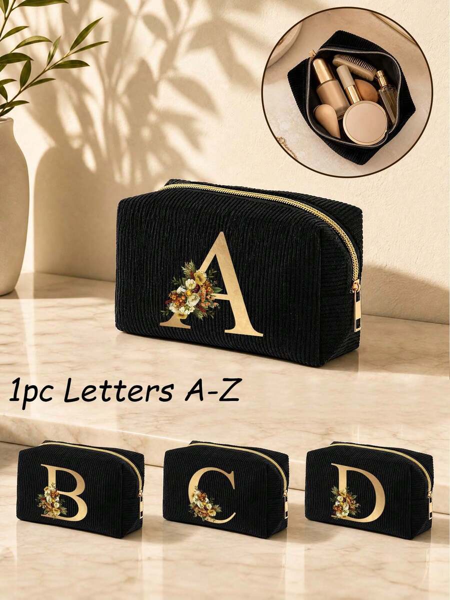 1 Stück Goldfarbenes Blumen-Buchstaben-Kordfedel-Federmäppchen, anpassbare Initialen A-Z Buchstaben Option, tragbare Aufbewahrungstasche für Frauen, Reise-Kulturtasche, Brautjungfer-Geburtstagsgeschenk, Halloween-Weihnachtsgeschenk, unverzichtbar