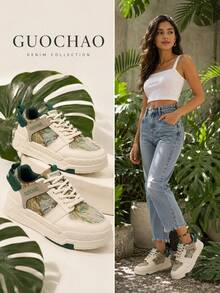 Women's Retro Artistic Oil Painting Random Print Patchwork Sneakers, Height-Increasing Thick Sole, Contrast Color Design Lace-Up Casual Sports Shoes - Green - View 1