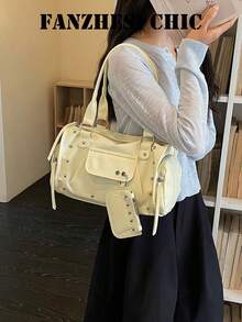 鉚釘裝飾女款腋下包 可拆卸肩帶 拉鍊開合 酷感風格 獨特小眾 日常街拍約會通勤休閒斜挎包 - 黃色 - 查看 4