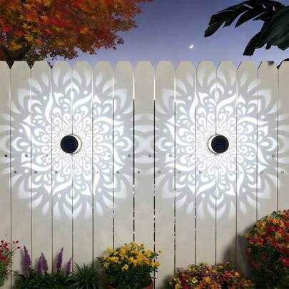 2 piezas Luz de proyección solar para valla y pared con patrón de mandala blanco, luz LED de decoración boho para exteriores, iluminación de ambiente para patio, escalera, porche, patio trasero, puerta principal, renovación del jardín, adorno para Navidad, Halloween, Acción de Gracias y festivales