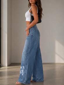 Celana Jeans Denim Wanita Motif Kupu-kupu Vintage yang Dicuci - Medium Wash - View 6