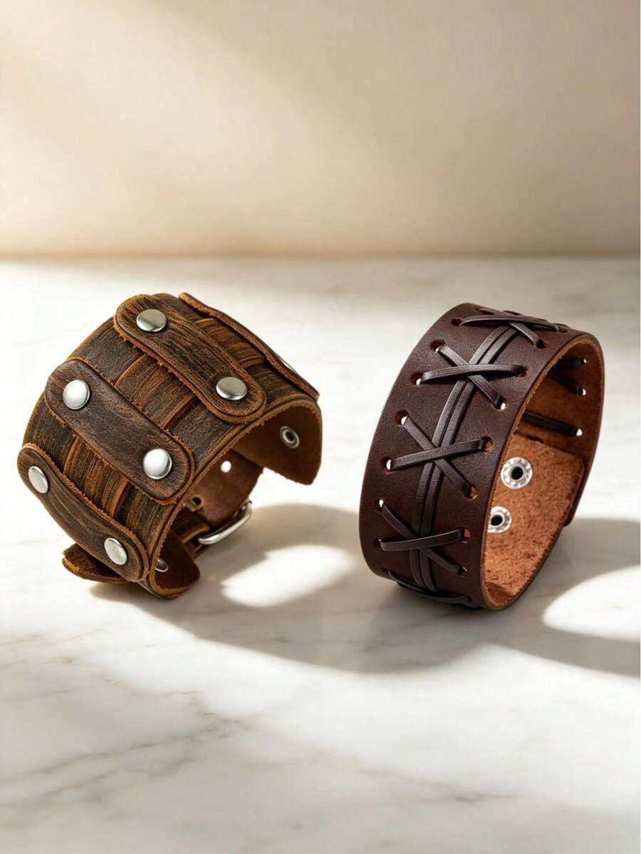 2pcs Vintage Woven Fashion Bracelet Set, Suitable For Men's Daily Sports And Fashion Wear, Exquisite Bracelet Set For Men - Brown - View 1