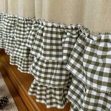 1Pc,Oven Skirt Curtain With Crochet Lace Tie Top Short Curtains,American Style Countryside Retro Solid Color Linen Fabric Patchwork Green Checkered Cake Skirt Bottom Trim Farmhouse Kick Plate Decor For Kitchen Stove Front, Dishwasher, Window Valance - Green - View 12