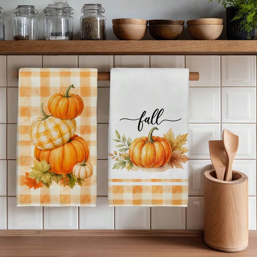 2PCS Kitchen Towel, Autumn Series Pattern Print, Watercolor Style 40*60cm Rectangular Microfiber Kitchen Towel, Dish Cloth, Tablecloth, Hand Towel, Kitchen Decor, Home Decor, Housewarming Gift For Neighbors, Kitchen Napkin And Dish Cloth, Home Decor, Gift - Orange - View 1