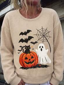 Fall Halloween Pumpkin Ghost Black Cat Graphic Sweatshirt, Crew Neck Loose Long Sleeve Casual Spider Web Bat Pattern Pullover Top - Multicolor - View 8